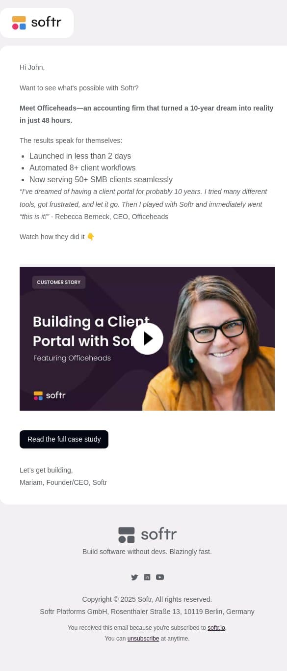 See how Officeheads built their dream portal with Softr email from Softr screenshot