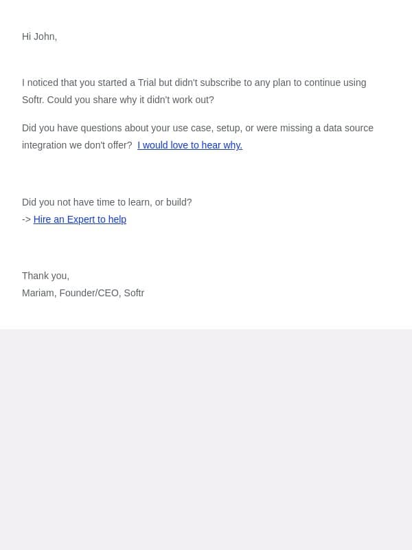 Didn't think Softr was right for you? email from Softr screenshot