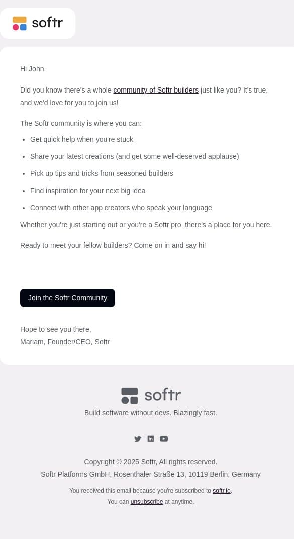 You're invited: Join the Softr Builders Community email from Softr screenshot
