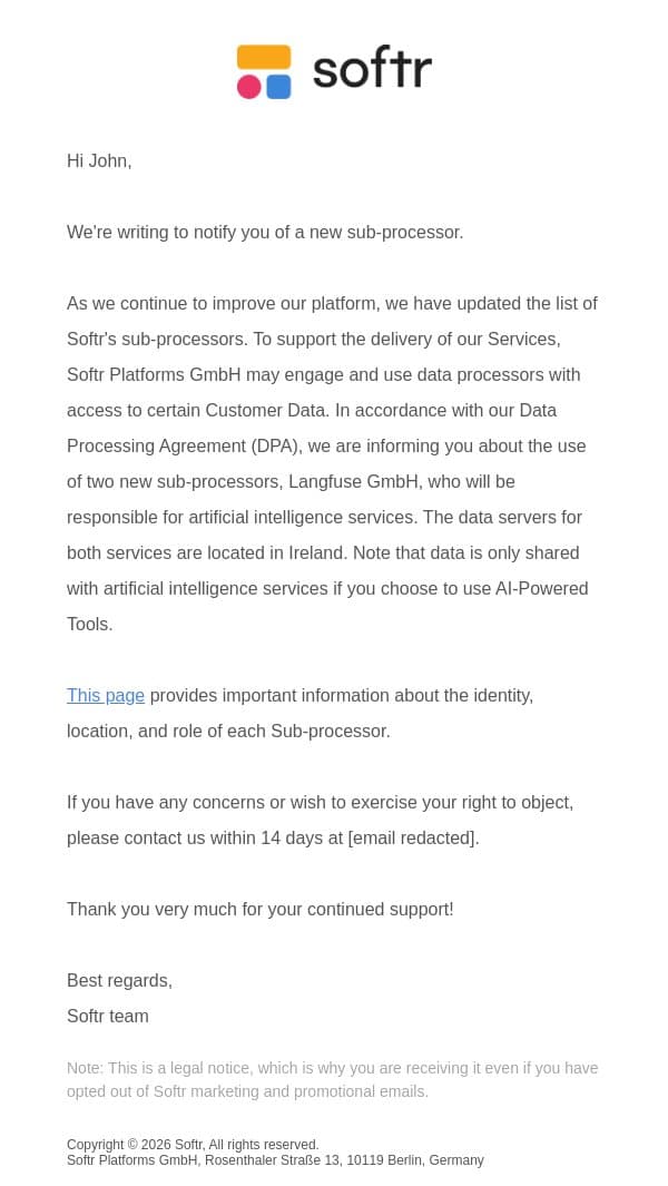 Updates to Softr's Sub-processors email from Softr screenshot