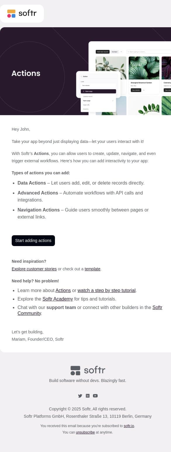 Make your app interactive with actions ⚡ email from Softr screenshot