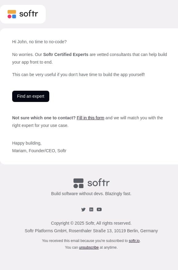 No time to no-code? Get help from a Softr Expert email from Softr screenshot