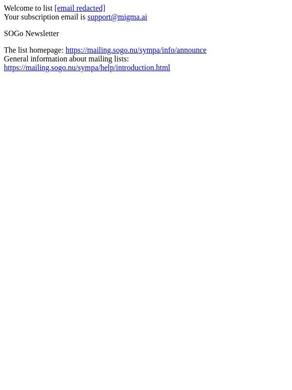 Welcome to list announce email from SOGo screenshot