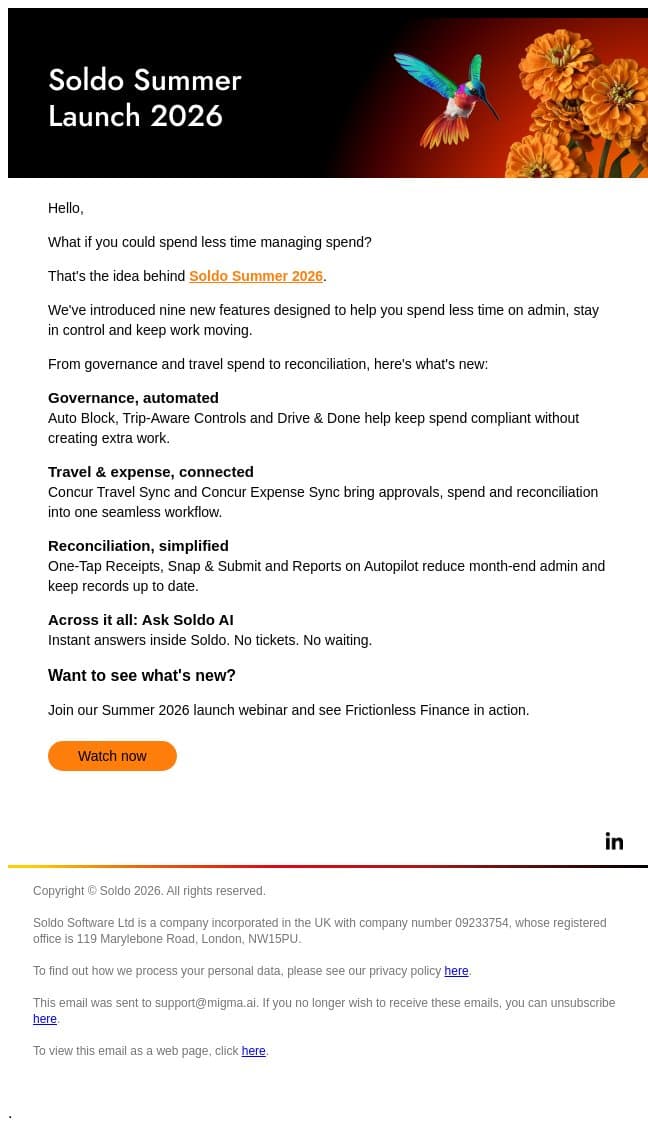 Welcome to frictionless finance email from Soldo screenshot