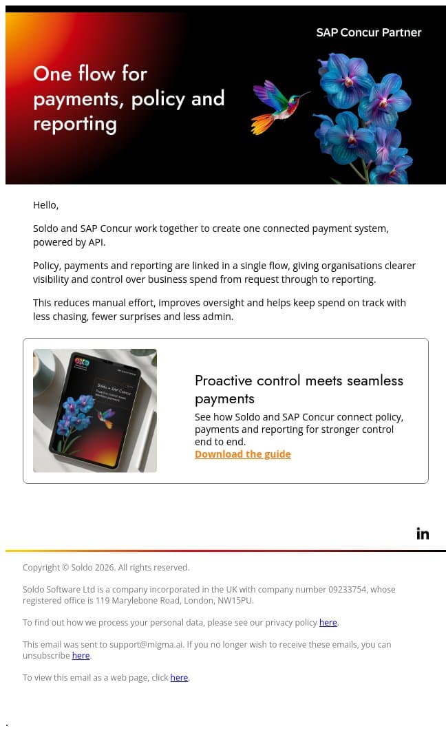 Connect payments with Soldo and SAP Concur email from Soldo screenshot