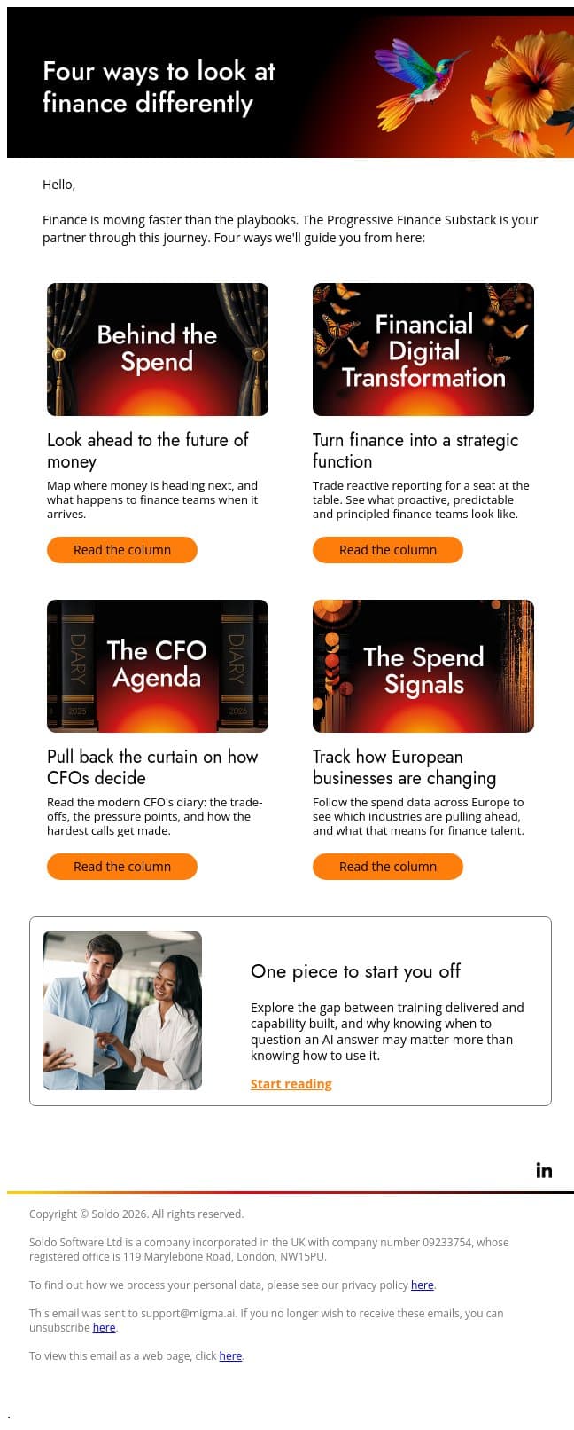 Four ways to look at finance differently email from Soldo screenshot