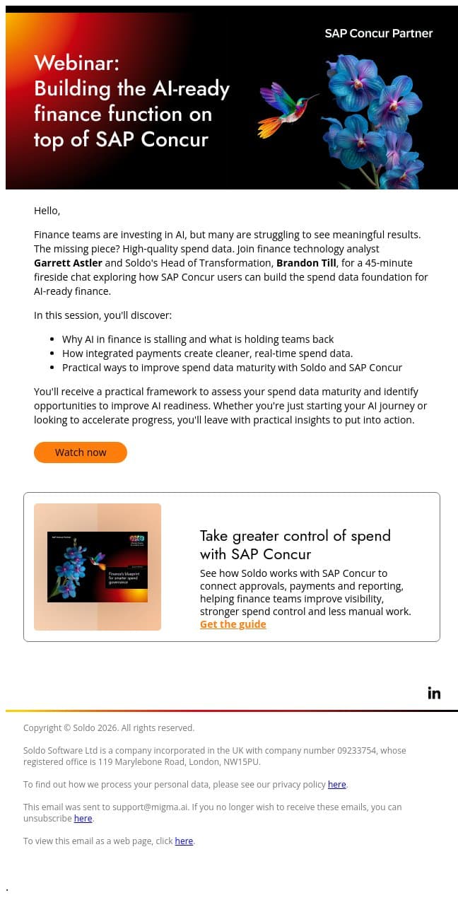 Webinar: Is your spend data ready for AI? email from Soldo screenshot