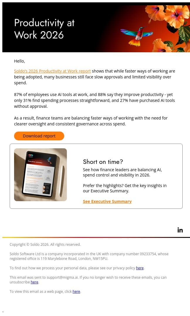 Key insights from Soldo's 2026 Productivity at Work report email from Soldo screenshot