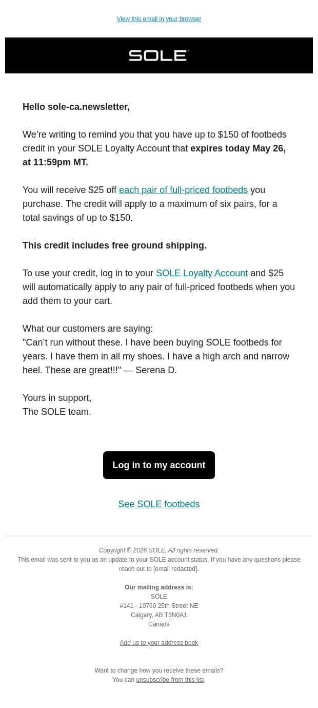 Up to $150 footbeds credit expires tonight. email from Sole screenshot