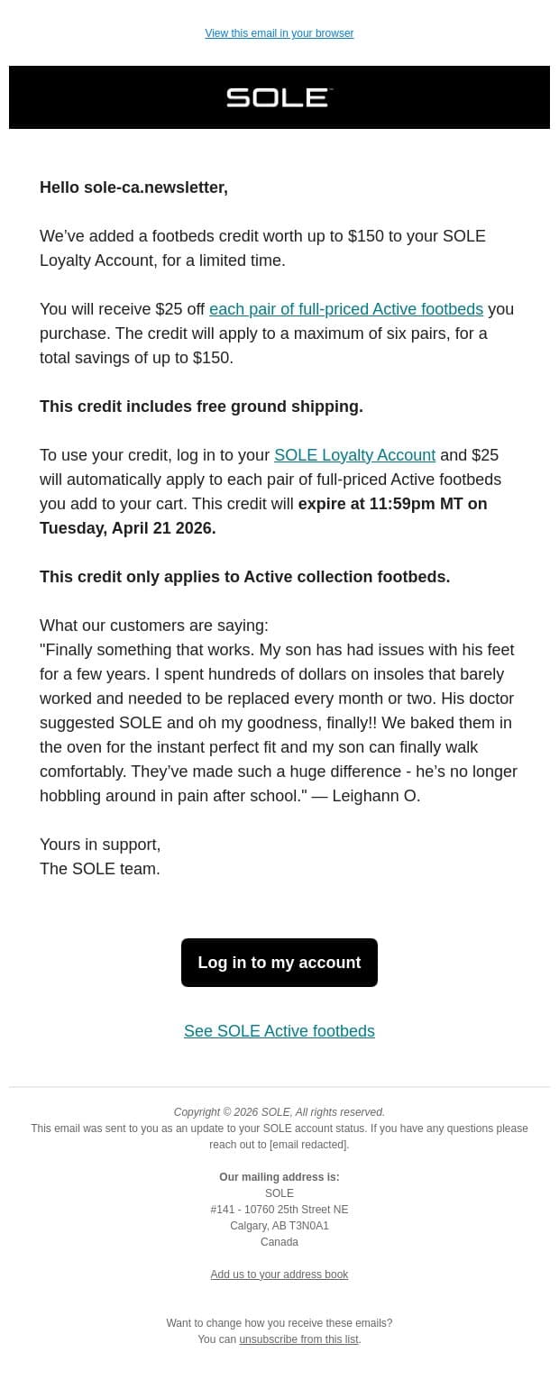 Up to $150 Active footbeds credit added. email from Sole screenshot