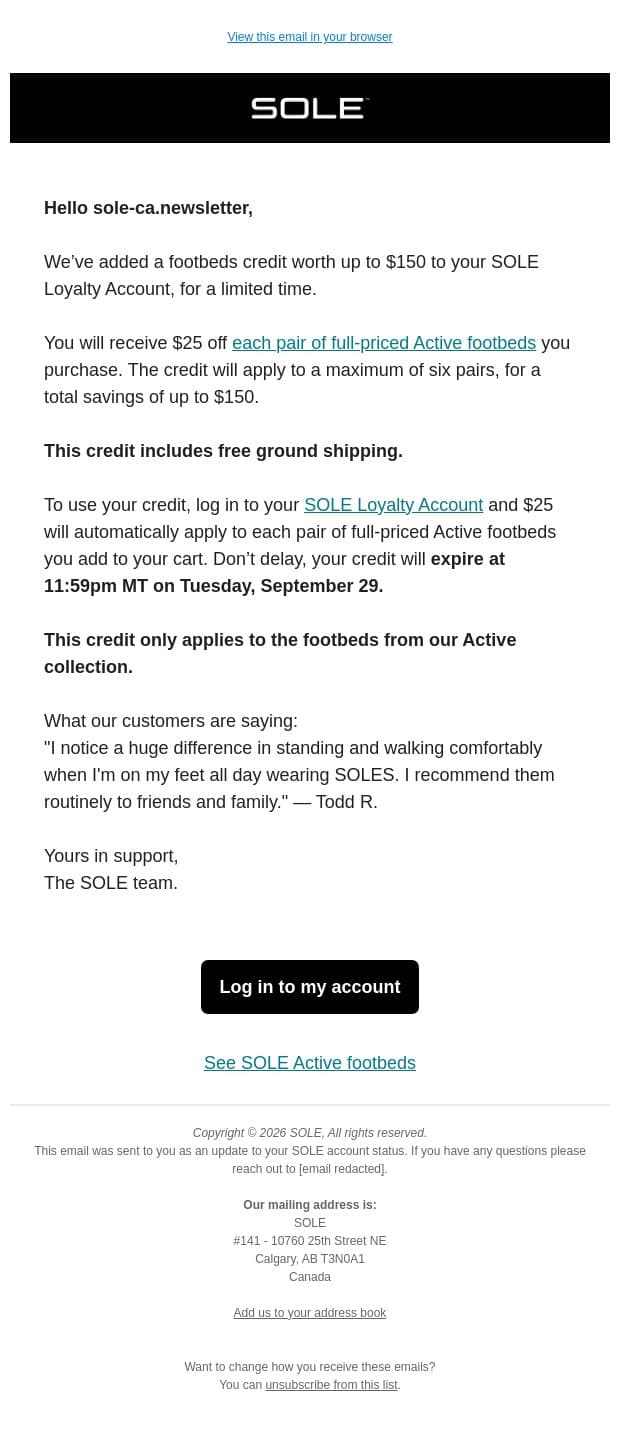 Up to $150 Active footbeds credit, plus free shipping. email from Sole screenshot