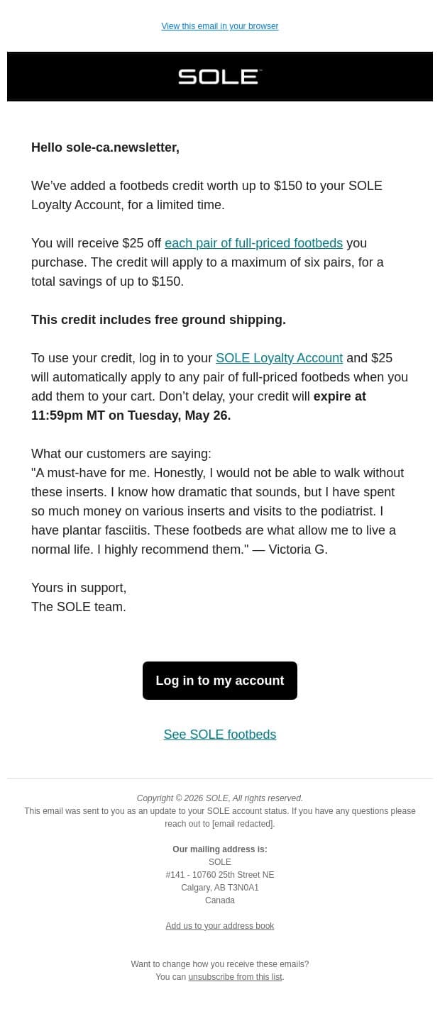 Up to $150 footbeds credit plus free shipping. email from Sole screenshot