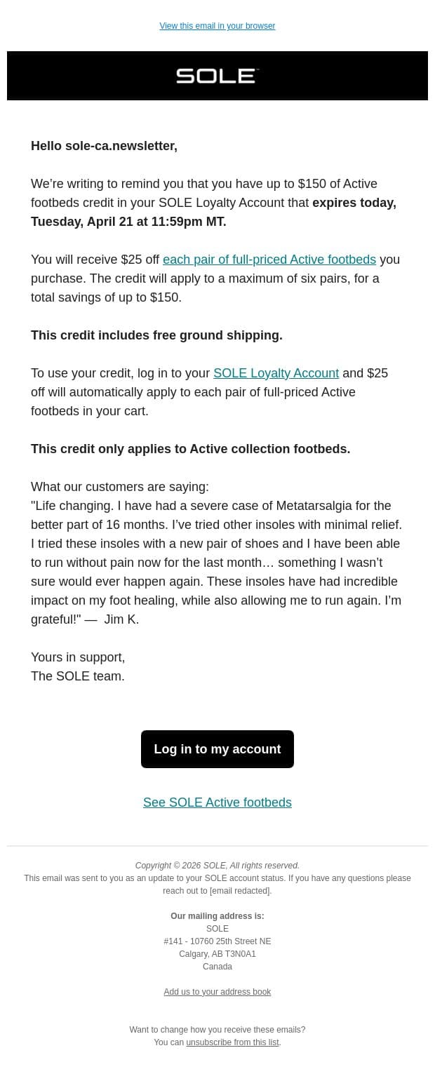 Up to $150 Active footbeds credit expires tonight. email from Sole screenshot