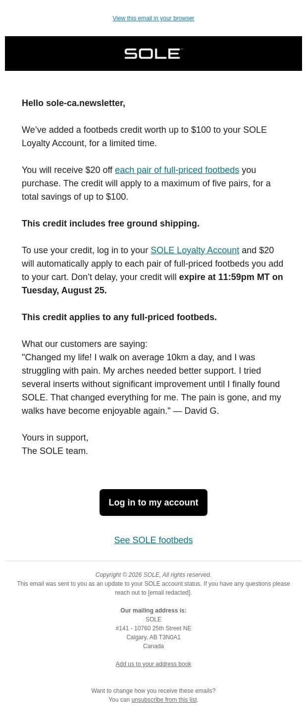 Up to $100 footbeds credit added. email from Sole screenshot