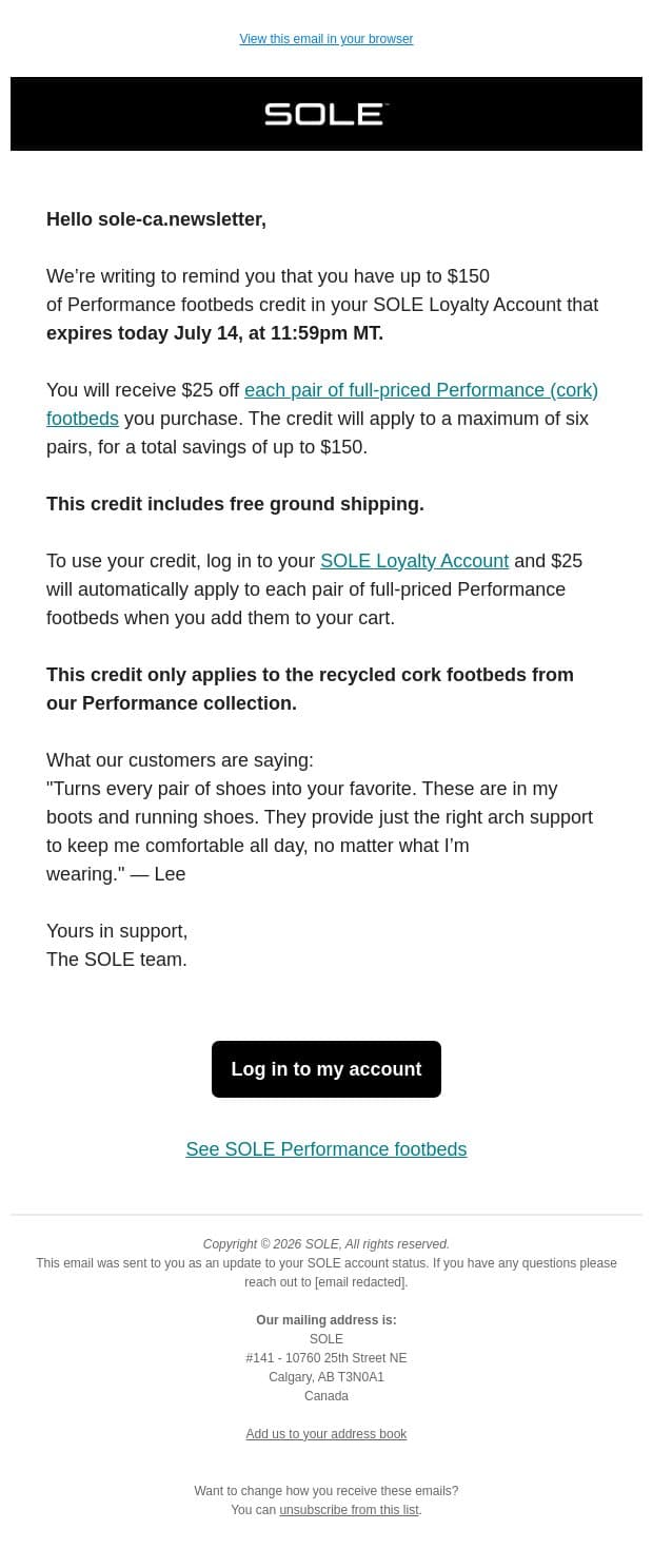 Up to $150 Performance (cork) footbeds credit expires tonight. email from Sole screenshot