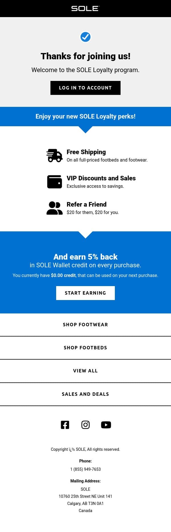 Welcome to SOLE Loyalty! email from Sole screenshot