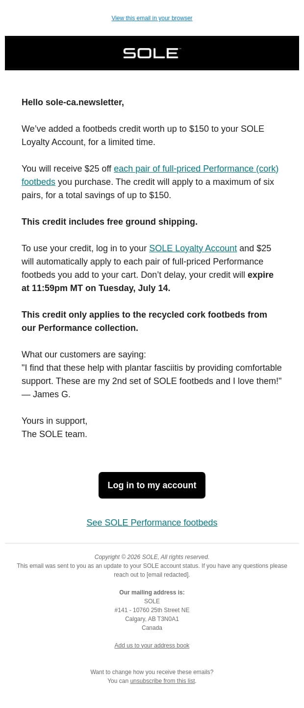 Up to $150 Performance (cork) footbeds credit added. email from Sole screenshot