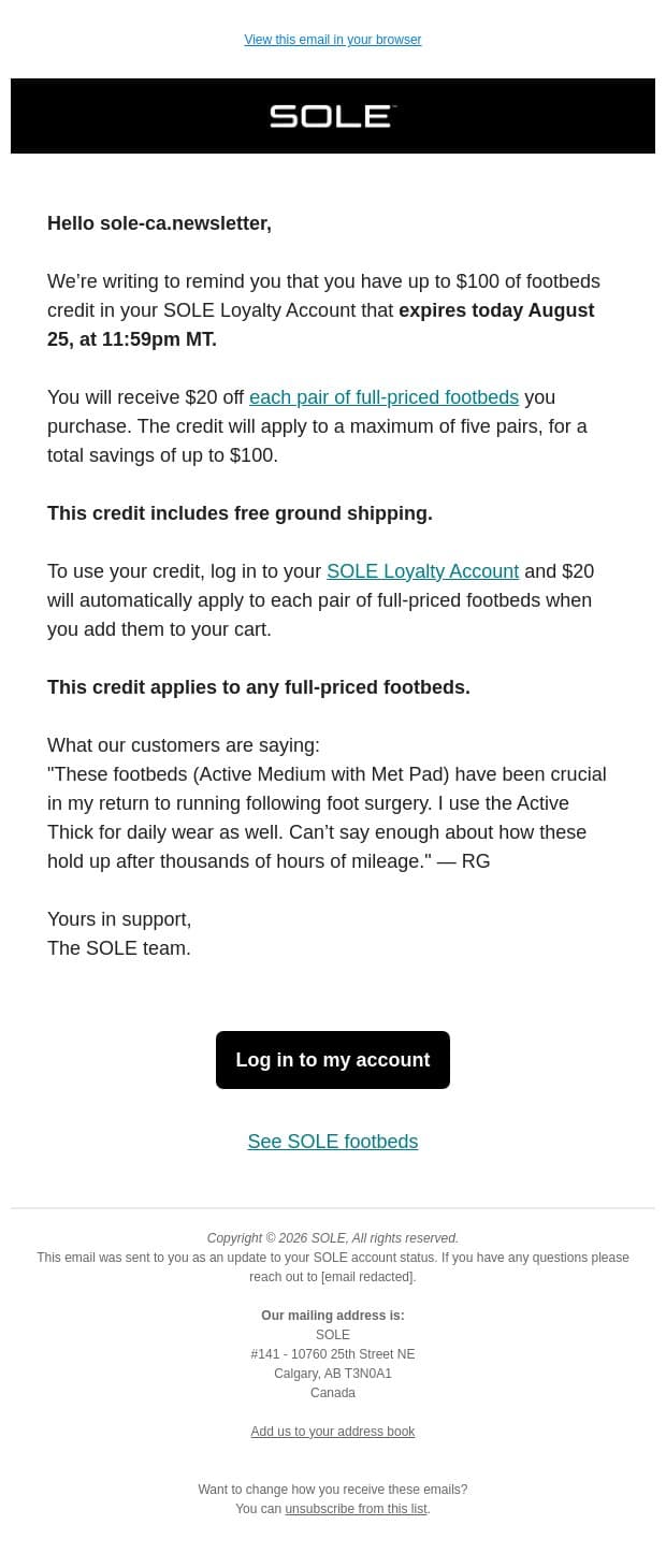 Up to $100 footbeds credit expires tonight. email from Sole screenshot