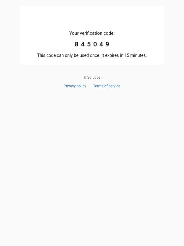 845049 is your code email from Soludos screenshot