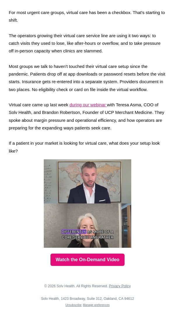 Virtual care has been a checkbox email from Solv screenshot