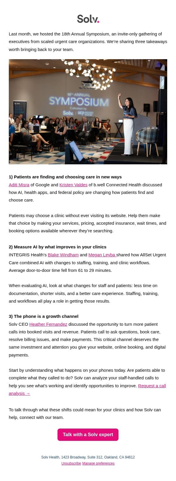 3 takeaways from top healthcare leaders email from Solv screenshot