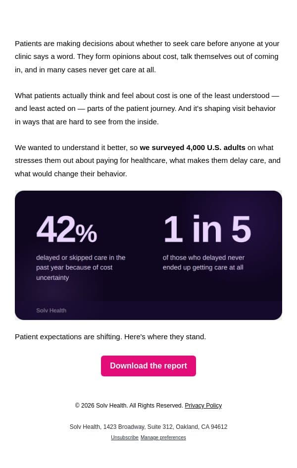 What 4,000 patients said about paying for healthcare email from Solv screenshot