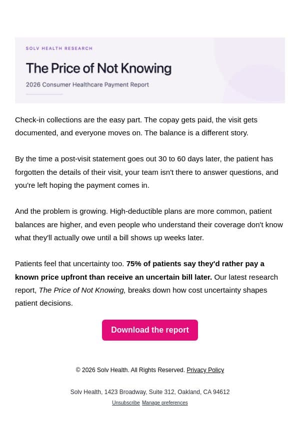 75% of patients would rather pay upfront email from Solv screenshot