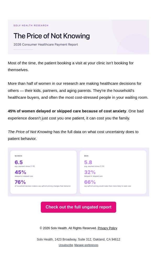 One surprise bill can cost you the whole family email from Solv screenshot