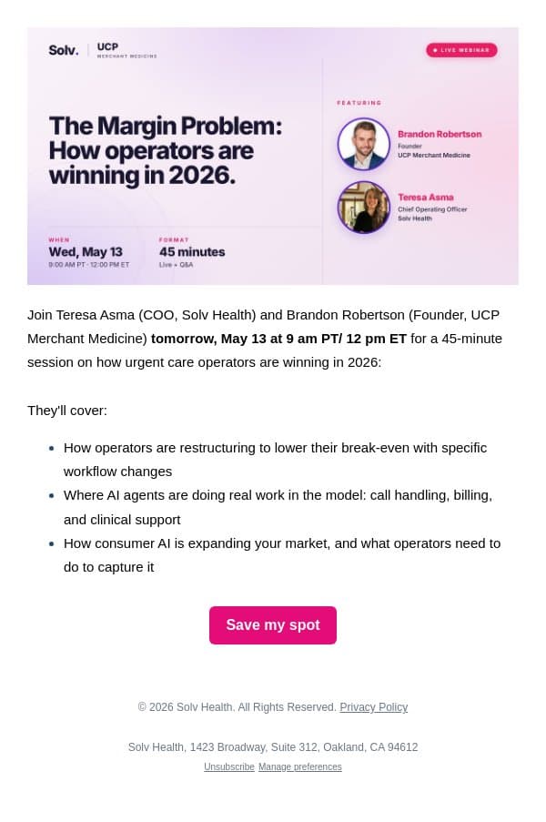 [You're Invited] How urgent care operators are winning in 2026 email from Solv screenshot