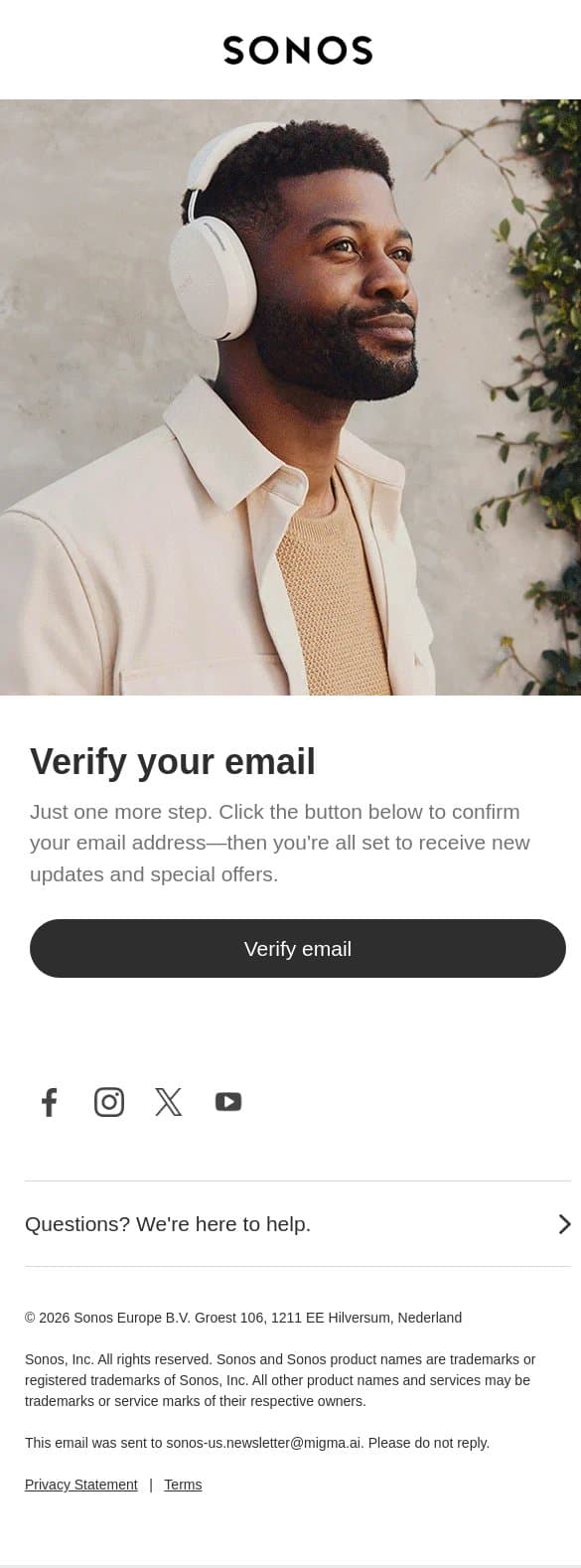 Verify your email email from Sonos screenshot