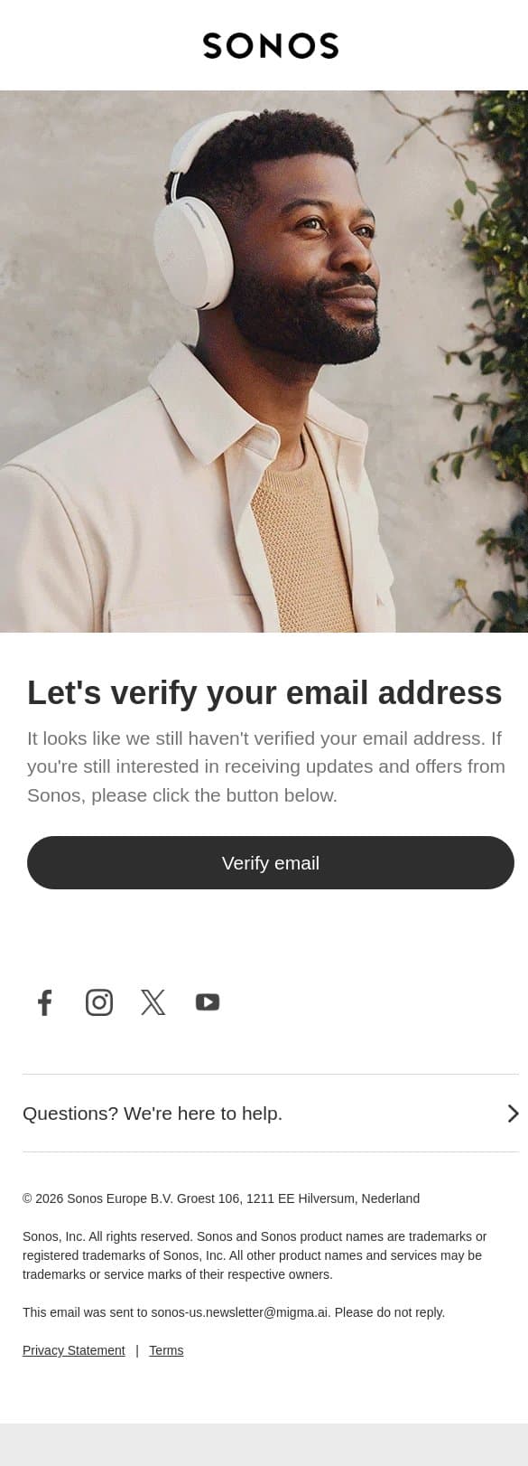 Remember to verify your email address email from Sonos screenshot