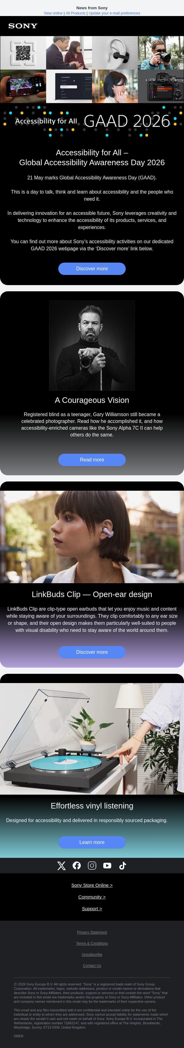 Accessibility for All – Global Accessibility Awareness Day 2026 email from Sony UK screenshot