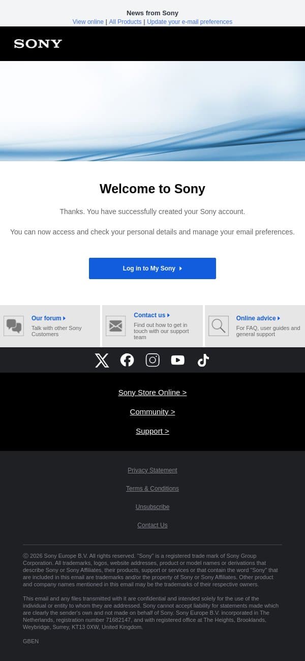 Welcome to My Sony email from Sony UK screenshot