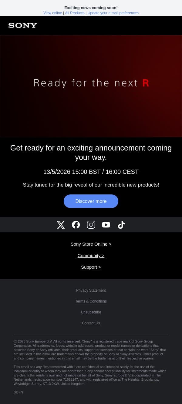 Exciting news coming soon! email from Sony UK screenshot