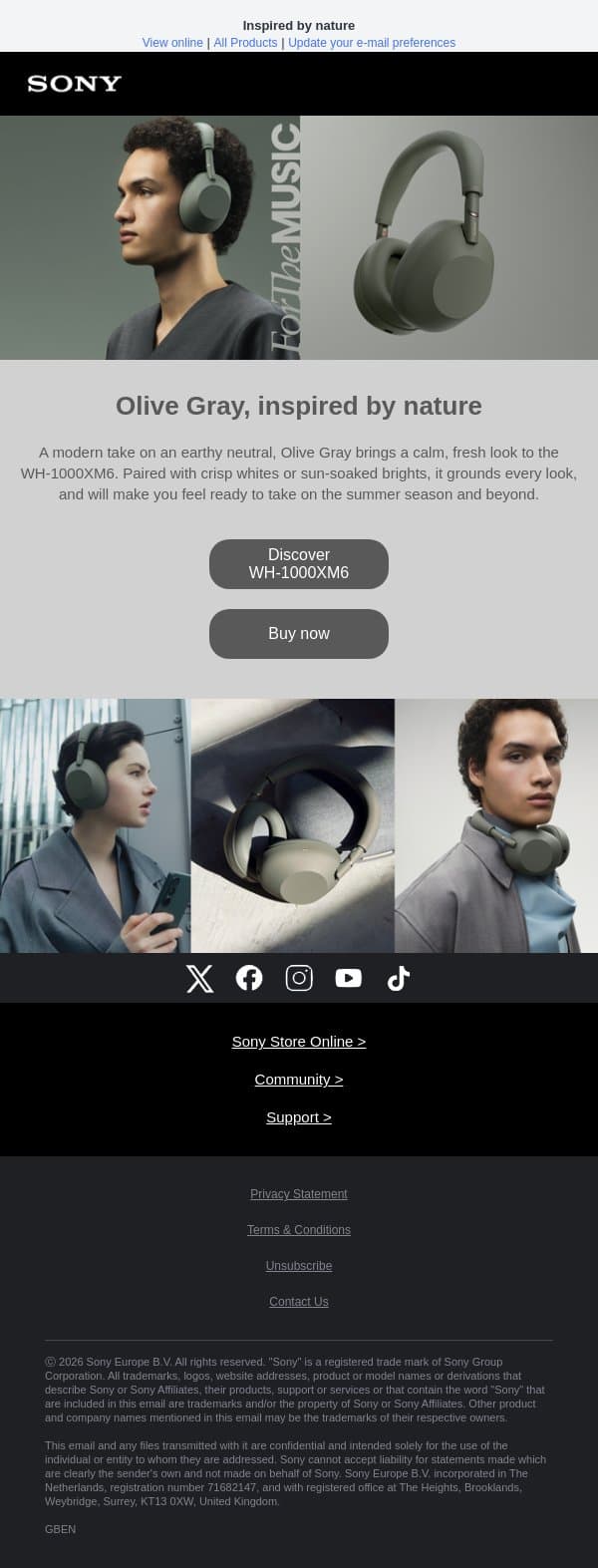 WH-1000XM6 - Now available in Olive Gray email from Sony UK screenshot