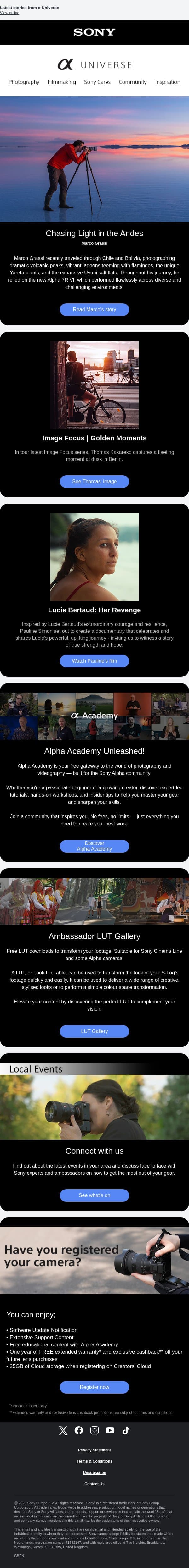 Chasing Light with the Alpha 7R VI – α Universe Newsletter 📷 email from Sony UK screenshot