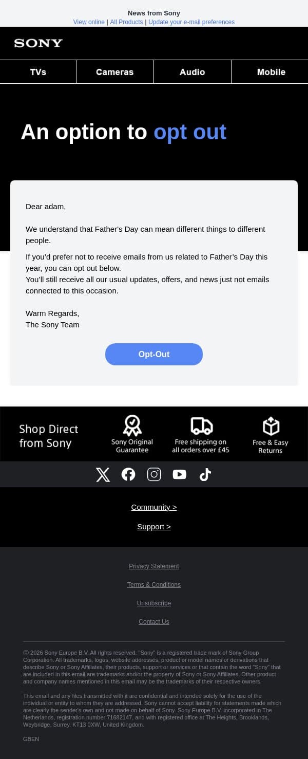 Option to opt out of Father's Day emails email from Sony UK screenshot