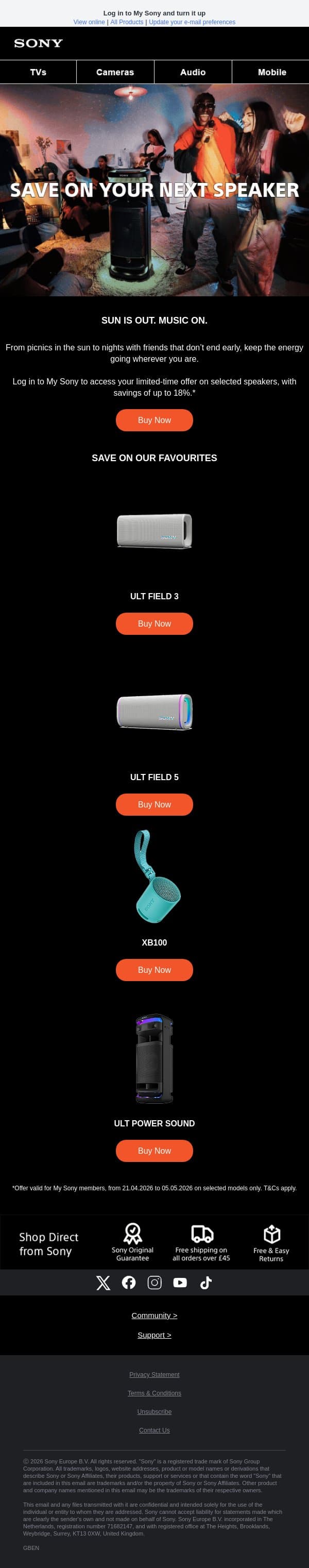 A speaker offer, just for you 🎶 email from Sony UK screenshot