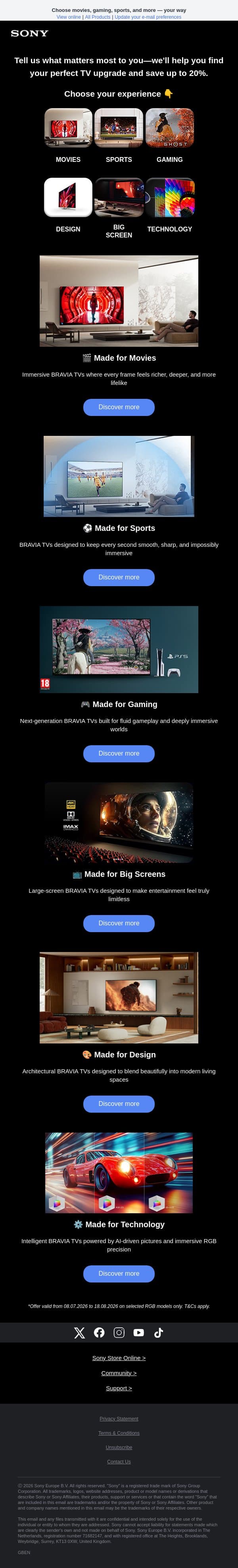 Find your perfect match in the new BRAVIA RGB lineup – Save up to 20% email from Sony UK screenshot