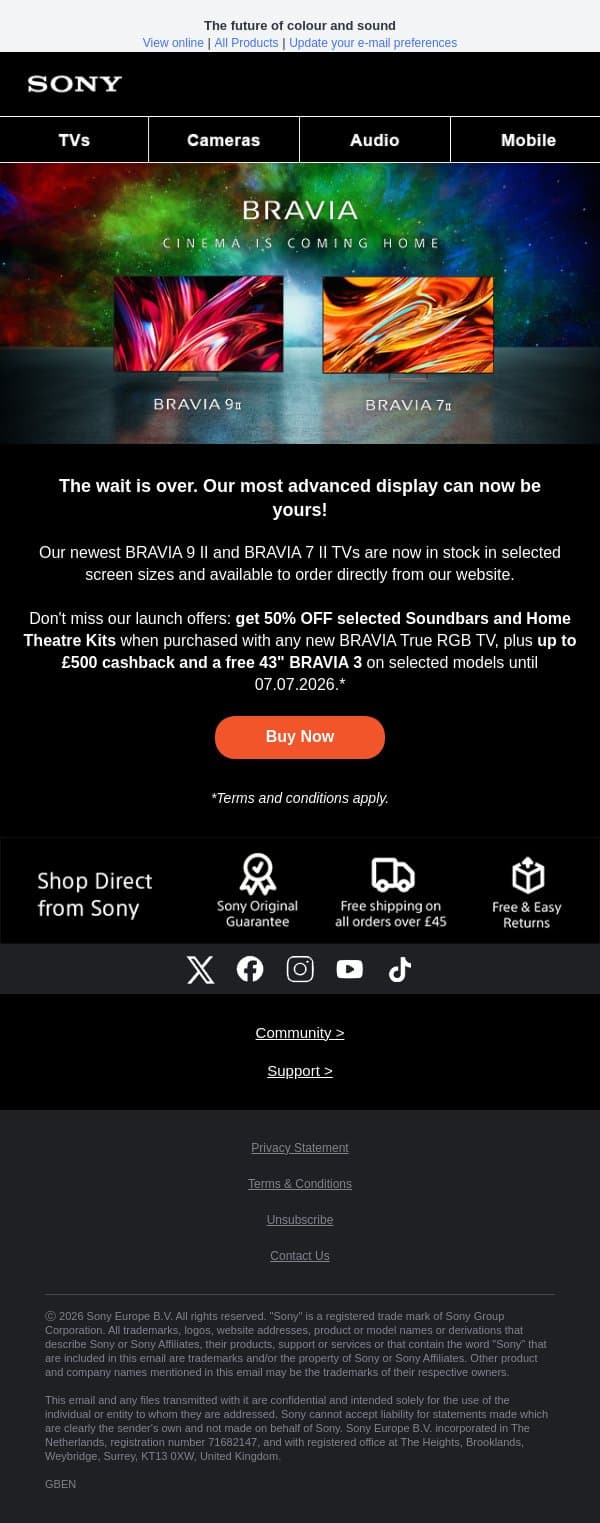 Now in stock: Experience new True RGB + Exclusive launch offer email from Sony UK screenshot