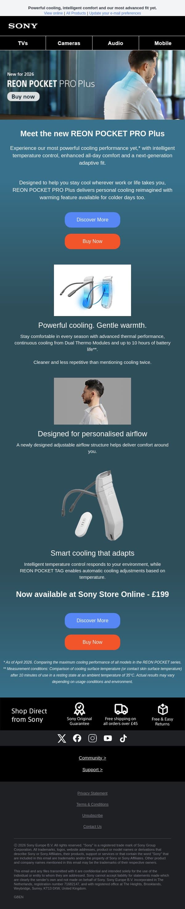 Stay cool, beat the heat—Introducing the new REON POCKET PRO Plus email from Sony UK screenshot