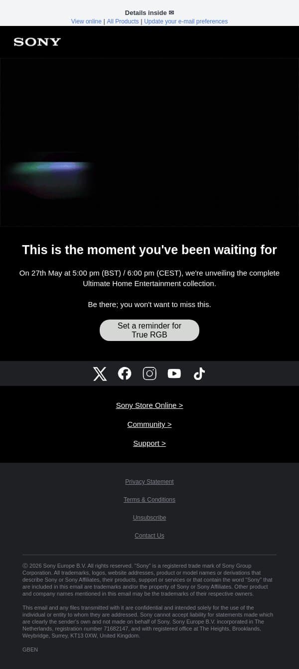 Sony's RGB TV reveal date will be... email from Sony UK screenshot
