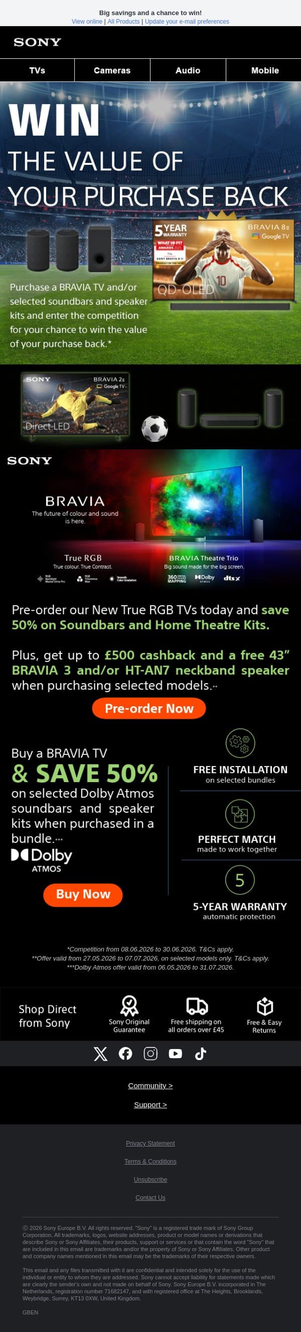 Win your purchase back and bring the stadium home ⚽ email from Sony UK screenshot