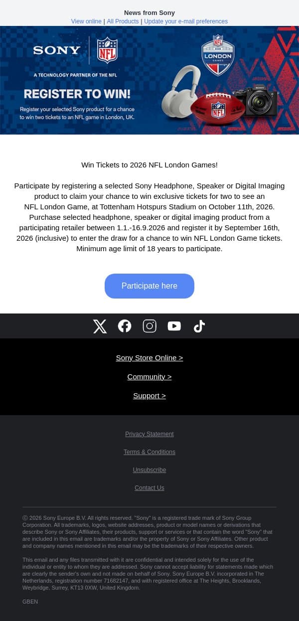 Win Tickets to 2026 NFL London Games email from Sony UK screenshot