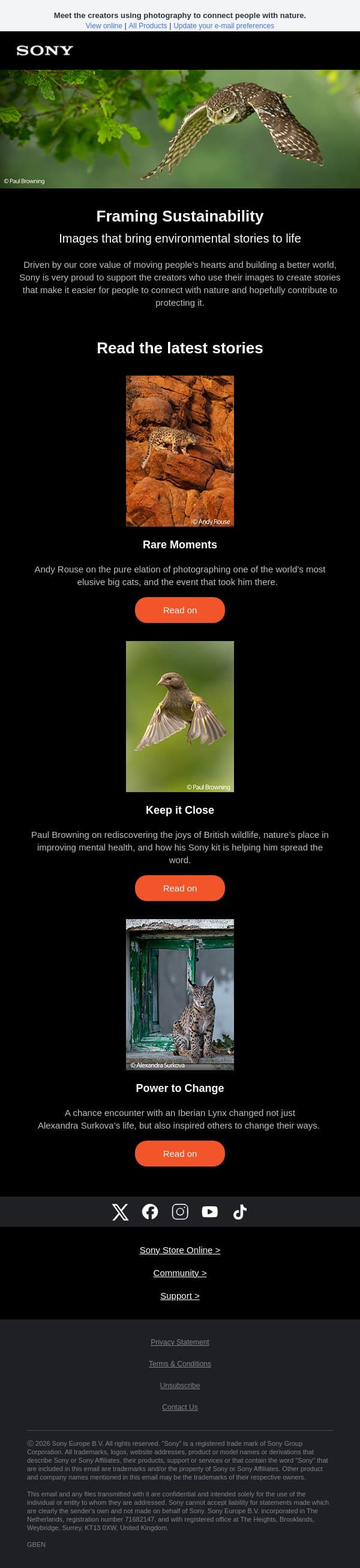 Capturing nature. Inspiring change. email from Sony UK screenshot