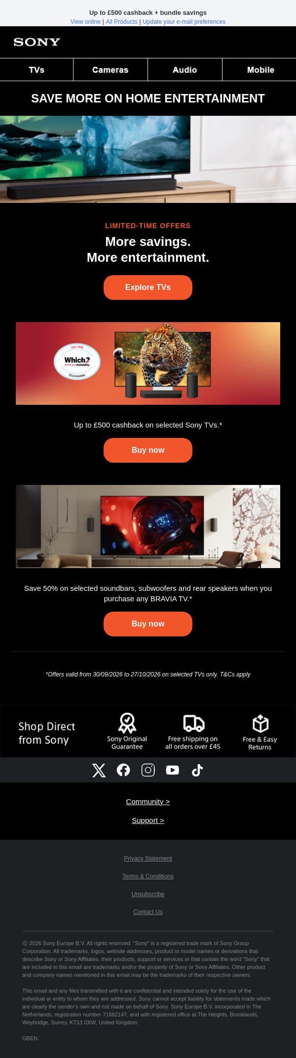 Big Home Cinema savings, for a limited time ⚡ email from Sony UK screenshot