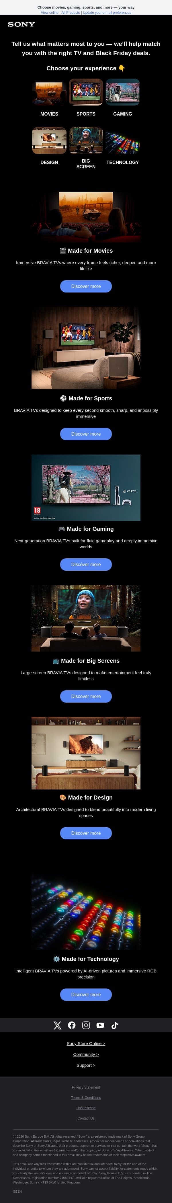 Your preferences. Your perfect TV. Your Black Friday deals. email from Sony UK screenshot