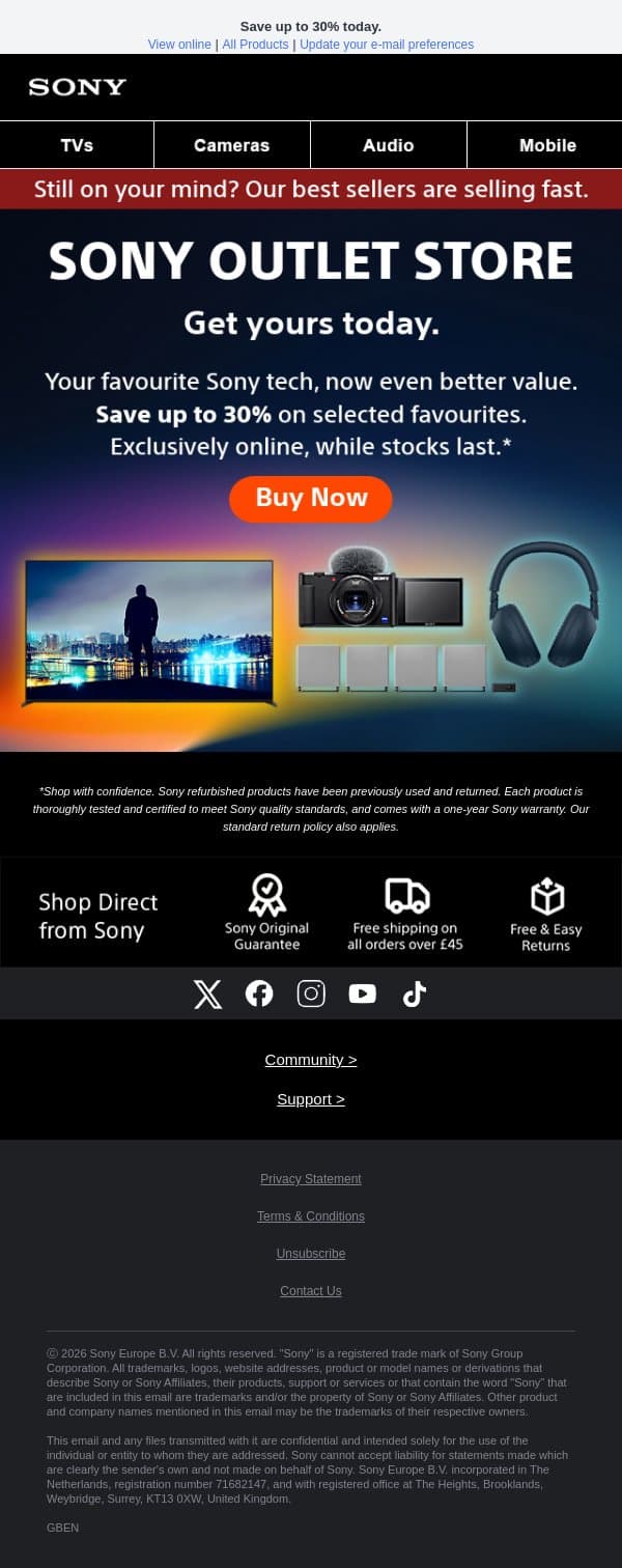 Sony Outlet Store | Save while stocks last ⚡ email from Sony UK screenshot