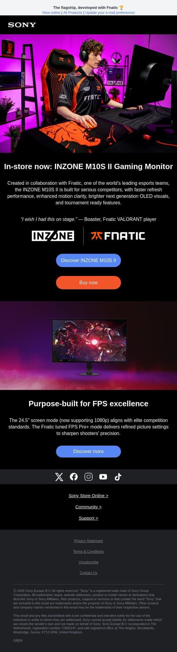 INZONE M10S II – Now available at Sony Store Online email from Sony UK screenshot