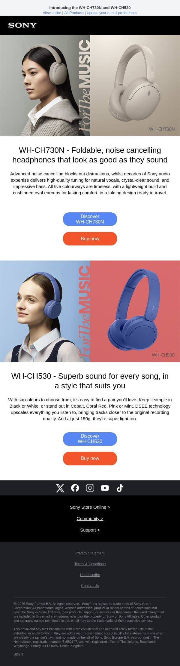 TWO new headphones, SO MANY new colours 😍 email from Sony UK screenshot